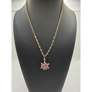 Pink Enamel Lotus Flower Pendant Necklace Gold Tone Green Rhinestone Accents